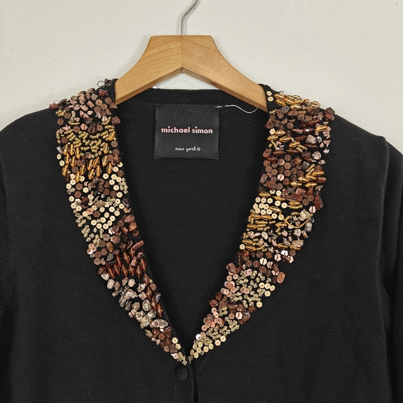 Michael Simon Black Sweater Cartigan Brown beaded V-neck 3/4 Sleeve Silk Blend S - Picture 4 of 12
